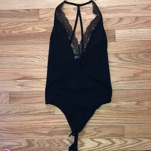 Black body suit with lace v neck